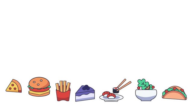 A colorful digital illustration of various fast food items and dishes, including pizza, burgers, fries, cake, sushi, salad, and tacos, presented on a white background 