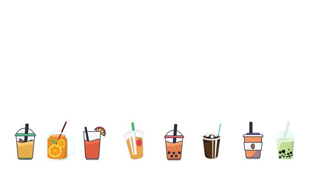 A set of colorful cartoon-style drinks with straws and various toppings on a white background. Perfect for menus, beverages advertising, and food blogs