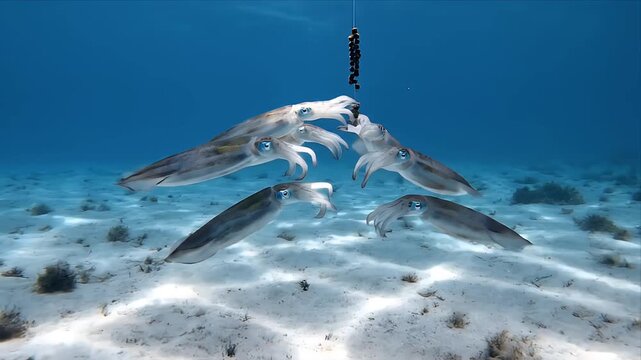 School of Cuttlefish Swimming Gracefully Over Sandy Seabed in Clear Blue Ocean Waters