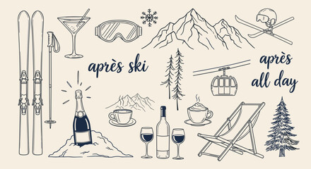 Après Ski Winter Mountain Icons Seamless Hand Drawn Illustration Pattern © Tanvir