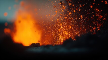 Fototapeta premium A dramatic scene of molten lava flowing into the ocean at night, illuminated by a vivid orange hue. The background is blurred, emphasizing the molten lava as the main subject.