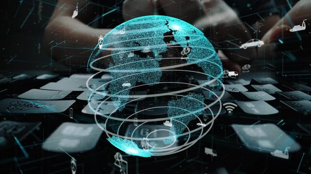 Stunning digital illustration of a globe surrounded by network connections and icons, symbolizing global communication and data exchange in the digital age. Xenic