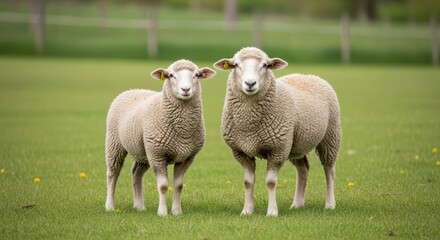 Fototapeta premium sheep standing together in a green pasture field with dandelions and a blurred background scenery outdoors.