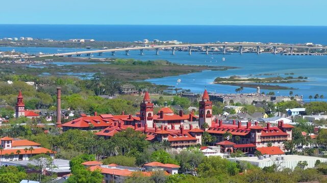 Historical American city architecture. Flagler College campus in St. Augustine, old city in Florida state. Streets and buildings from above.
