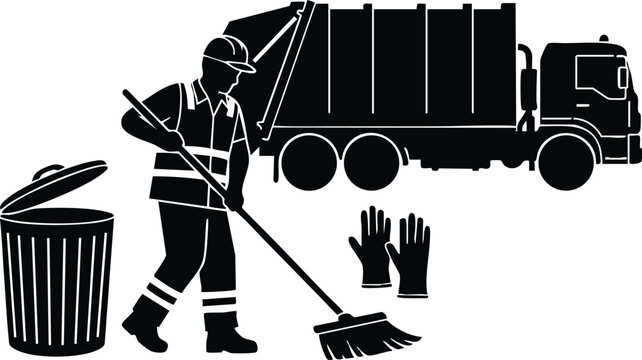 Black silhouette vector of sanitation worker sweeping street near trash can and garbage truck with protective gloves labor day themed design