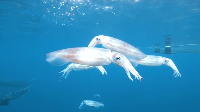 School of Small Reef Squid Swimming in Clear Blue Ocean Water Sunlight Rays Underwater Scene