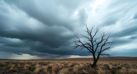Fototapeta premium dead tree in the middle of desert with cloudy sky background