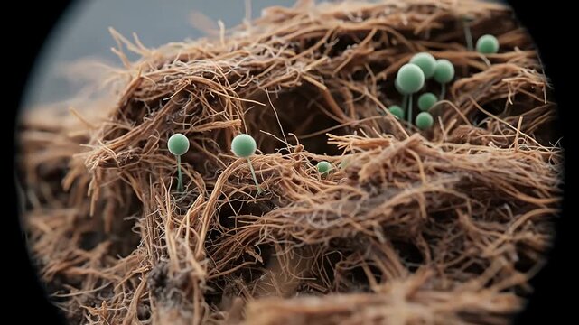 Close-up view of intricate root structures with green fungi emerging, set against a blurred background