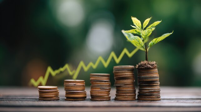 Growth of Investment Concept with Coins and Green Plant Representing Financial Success and Prosperity