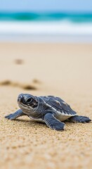 Obraz premium Baby Sea Turtles First Journey to the Ocean on Sandy Beach.