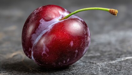 Lush Red Plum with Dewy Skin and Green Stem on Dark Textured Background.