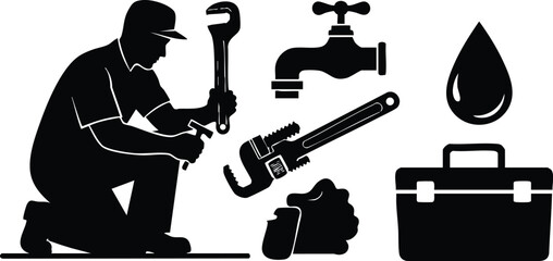 Silhouette of plumber kneeling holding pipe wrench near toolbox water drop and faucet icons labor day vector flat design illustration in black and white style