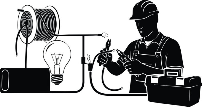 Vector art of male electrician working on wiring with pliers near toolbox and coil of wire showing light bulb symbol for labor day celebration holiday icon design