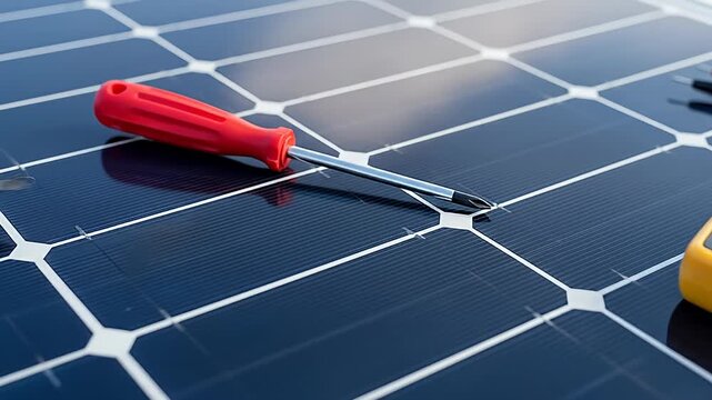 Close-up of solar panel maintenance with screwdriver and multimeter on a sunny day