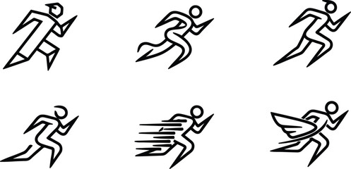 Stick figures of people running in different dynamic poses with various abstract motion lines and speed indications athletic and energetic movements