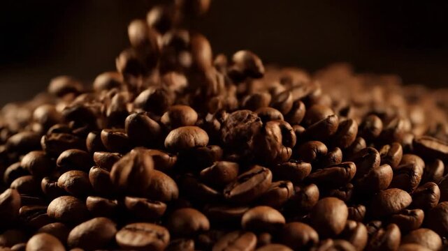 Close-up shot of roasted coffee beans falling and piling up.