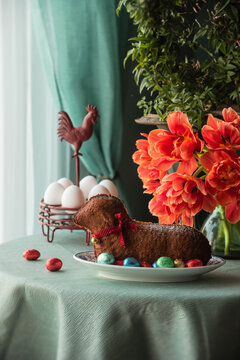 Easter table setting with easter cake