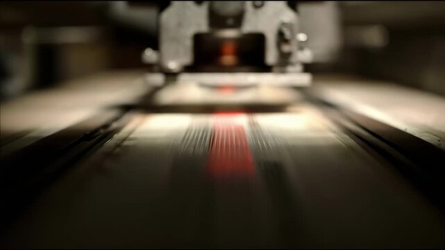 Medium shot focusing on an illuminated enlarger lens casting shadows on a test strip below highlighted by the red safelight while trays and drying lines fade into the blurred