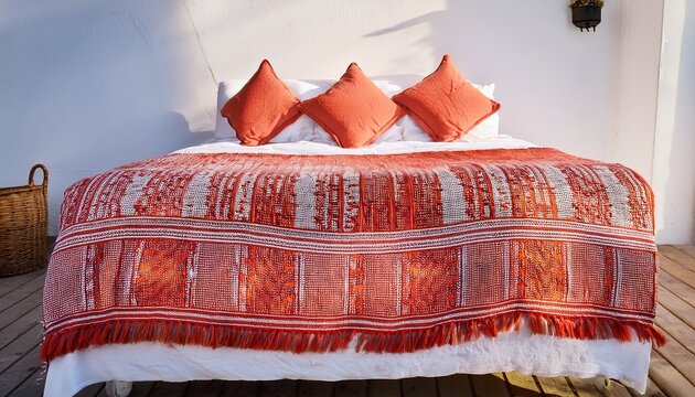 close up of mediterranean bed with white and coral red sardinian textiles