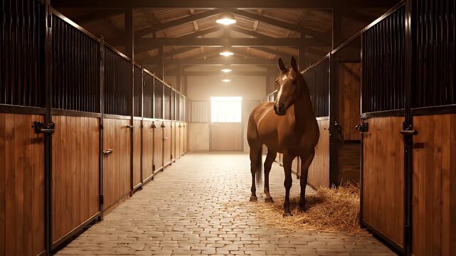Warm brown horse standing in a stable aisle lit by warm sunlight and overhead lamps surrounded by wooden stalls filled