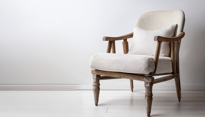 Fototapeta premium french country dining chair with linen upholstery and distressed wood on white background