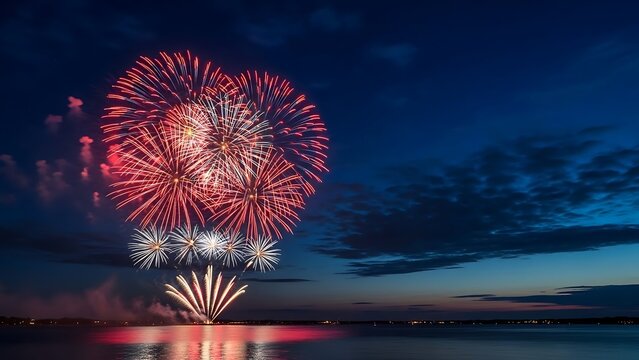 Fireworks exploding over water at dusk with dark blue sky and clouds night