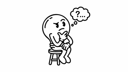 Fototapeta premium Cartoon lightbulb character sitting and thinking with question marks.
