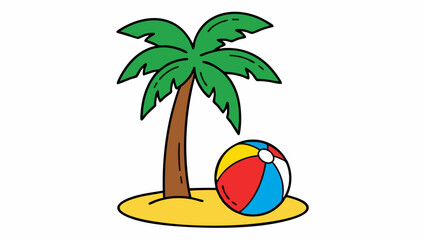Obraz premium Cartoon Palm Tree and Beach Ball on Sandy Island.