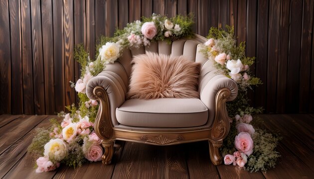 newborn photography backdrop digital props armchair decorated with flowers on a wooden background