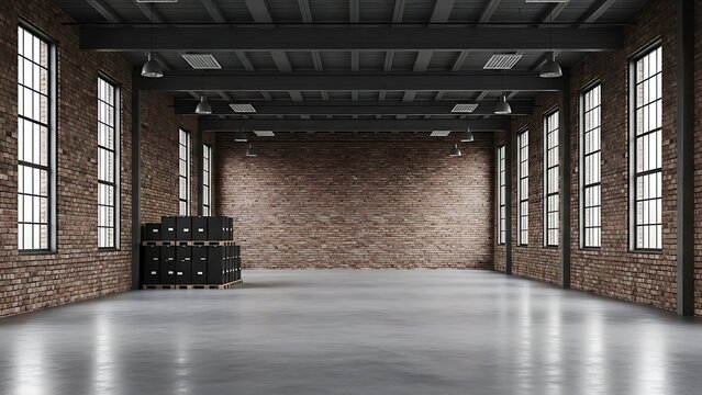 Empty warehouse interior with brick walls and industrial lighting windows