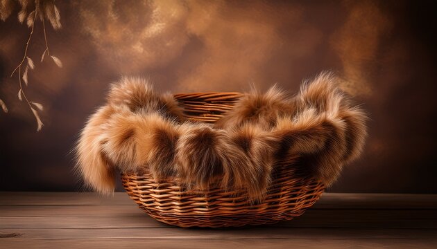 newborn photography digital background prop wicker basket with brown fur on a painted canvas