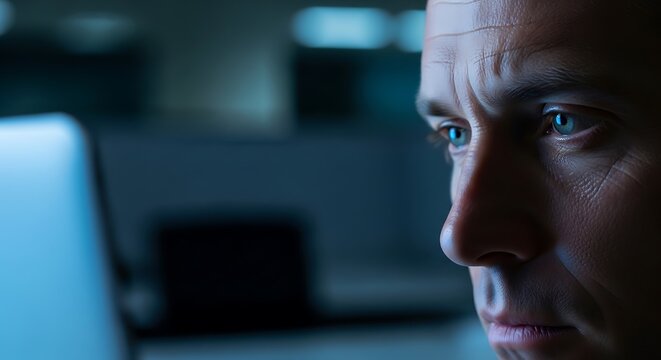 Close-up of a man's face intensely focused on a computer screen in a dimly lit room