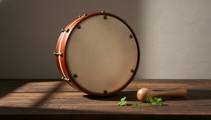 Fototapeta premium Traditional Irish bodhran drum with a tipper and shamrocks on a rustic wooden table, perfect for a St. Patrick's Day music concept