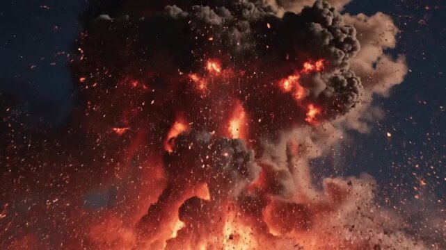 Explosion fiery blast with smoke and night sky dramatic scene
