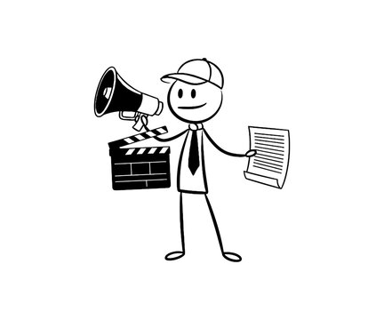 Simple stick figure cartoon depicting a film director holding a megaphone, clapperboard, and script, symbolizing movie production.