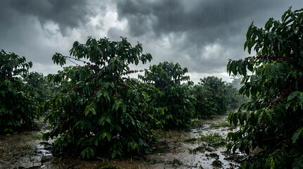 Obraz premium Moody Landscape of Coffee Plantation During Heavy Rainfall Season