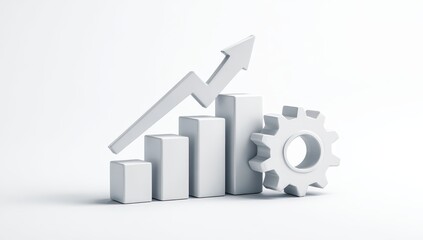 Minimalist 3D White Bar Chart, Upward Arrow, and Gear for Business Growth and Strategy.
