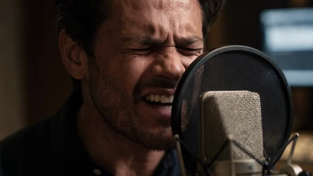 Actor in ADR vocal recording booth rerecords emotional drama dialogue focused on microphone with blurred screen background