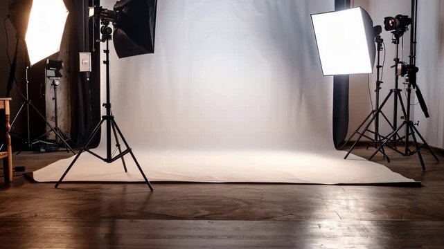 Professional photography studio setup with lights and camera equipment