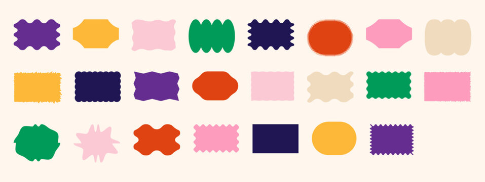 Set of colorful wavy geometric stickers. Pastel triangles, hexagons and rectangles for modern tags, abstract labels and vibrant graphics. Multi form silhouette vector illustration.