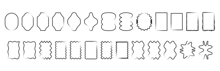 Obraz premium Set of monochrome black wavy frames. Mixed rectangle labels and soft borders for text highlights, title blocks and minimal layouts. Irregular outline silhouettes vector illustration.