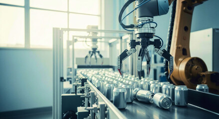 Robotic arm sorting aluminum cans on conveyor belt in factory  