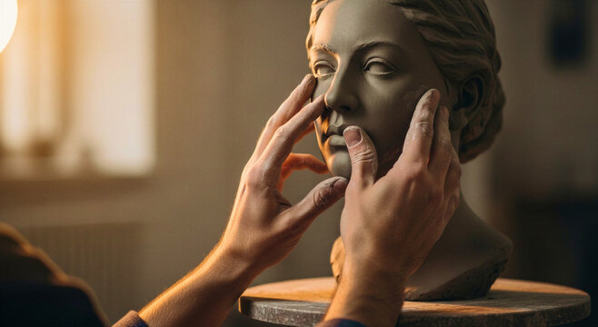 Sculptor&rsquo;s hands smoothing bust in studio with soft lighting  