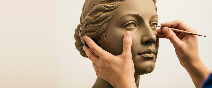 Sculptor&rsquo;s hands smoothing bust of a female figure in studio  