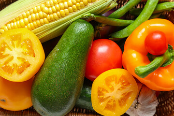 Obraz premium Wicker basket with different fresh vegetables, closeup