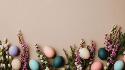 A charming arrangement of pastel colored Easter eggs interspersed with delicate spring floral blooms and greenery set against a soft neutral background