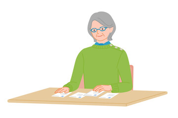 Senior woman checking multiple postcards at desk illustration
