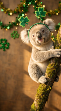 Vertical photo of a koala on a mossy tree branch wearing shamrock boppers. St. Patrick's Day festive animal portrait with green clover decorations. Australian wildlife holiday concept
