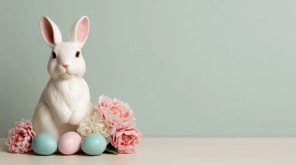 Obraz premium Decorative Easter scene featuring a white ceramic bunny pastel colored eggs and floral blooms set against a soft clean background for a festive display