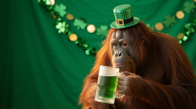 Orangutan in a leprechaun hat holding a frosted mug of green beer. Funny animal celebrating st patricks day with shamrock decorations. Irish holiday concept with green background and copy space